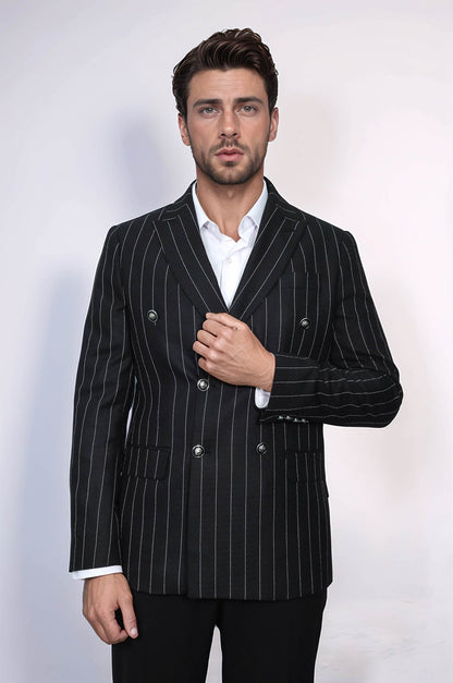 Double Breasted Slim Fit Striped Black Men Blazer - Wessi