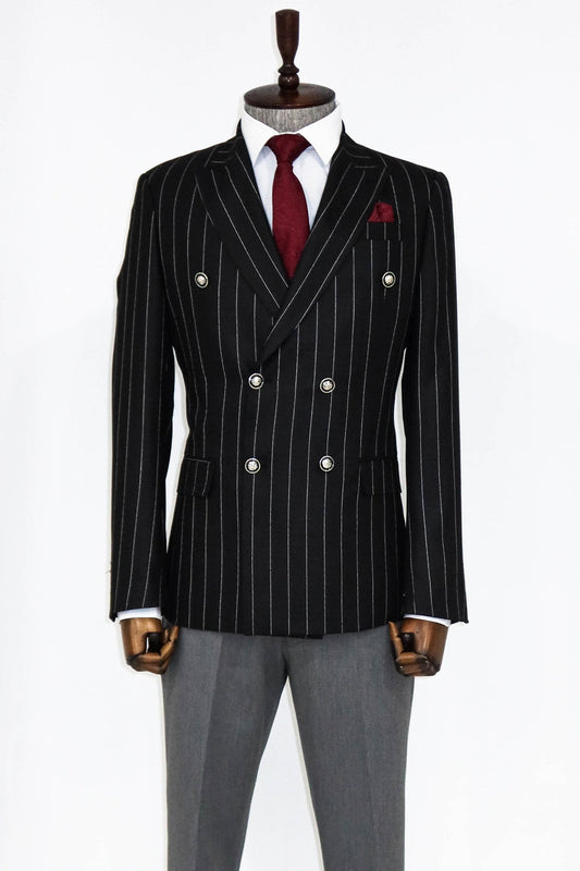 KOALA SYDNEY  Double Breasted Slim Fit Striped Black Men Blazer and Trousers Combination