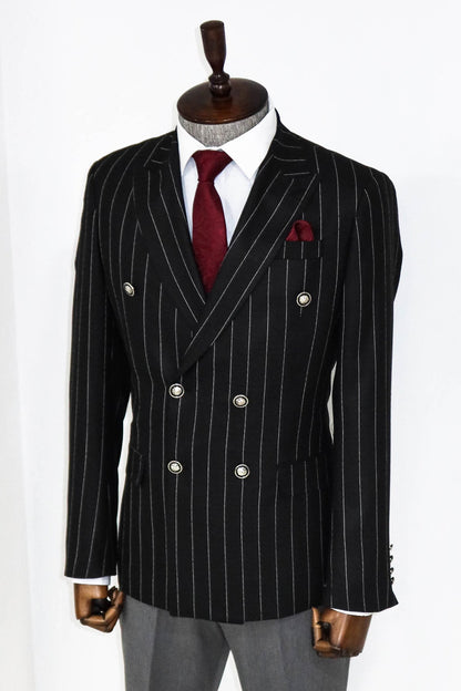 Double Breasted Slim Fit Striped Black Men Blazer and Trousers Combination