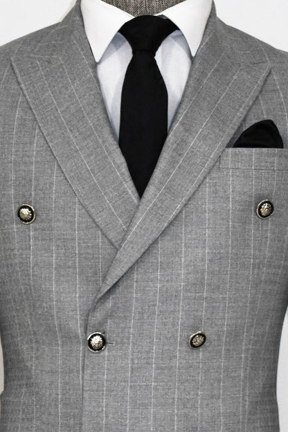 Double Breasted Slim Fit Striped Grey Men Blazer and Trousers Combination