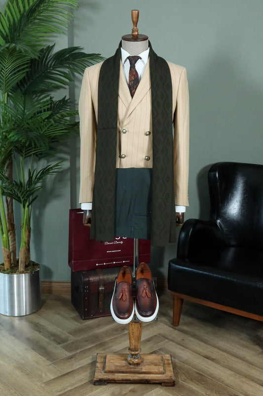 KOALA SYDNEY  Beige Striped Double-Breasted Blazer with Green Pants and Floral Tie - Business Look