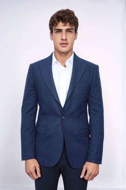 Slim Fit Patterned Dark Blue Men Blazer