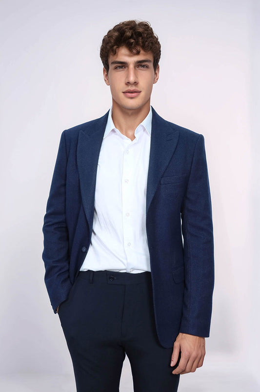 Slim Fit Patterned Dark Blue Men Blazer