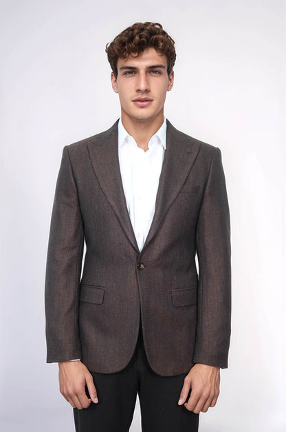 Slim Fit Patterned Brown Men Blazer