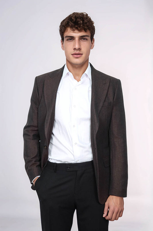 Slim Fit Patterned Brown Men Blazer