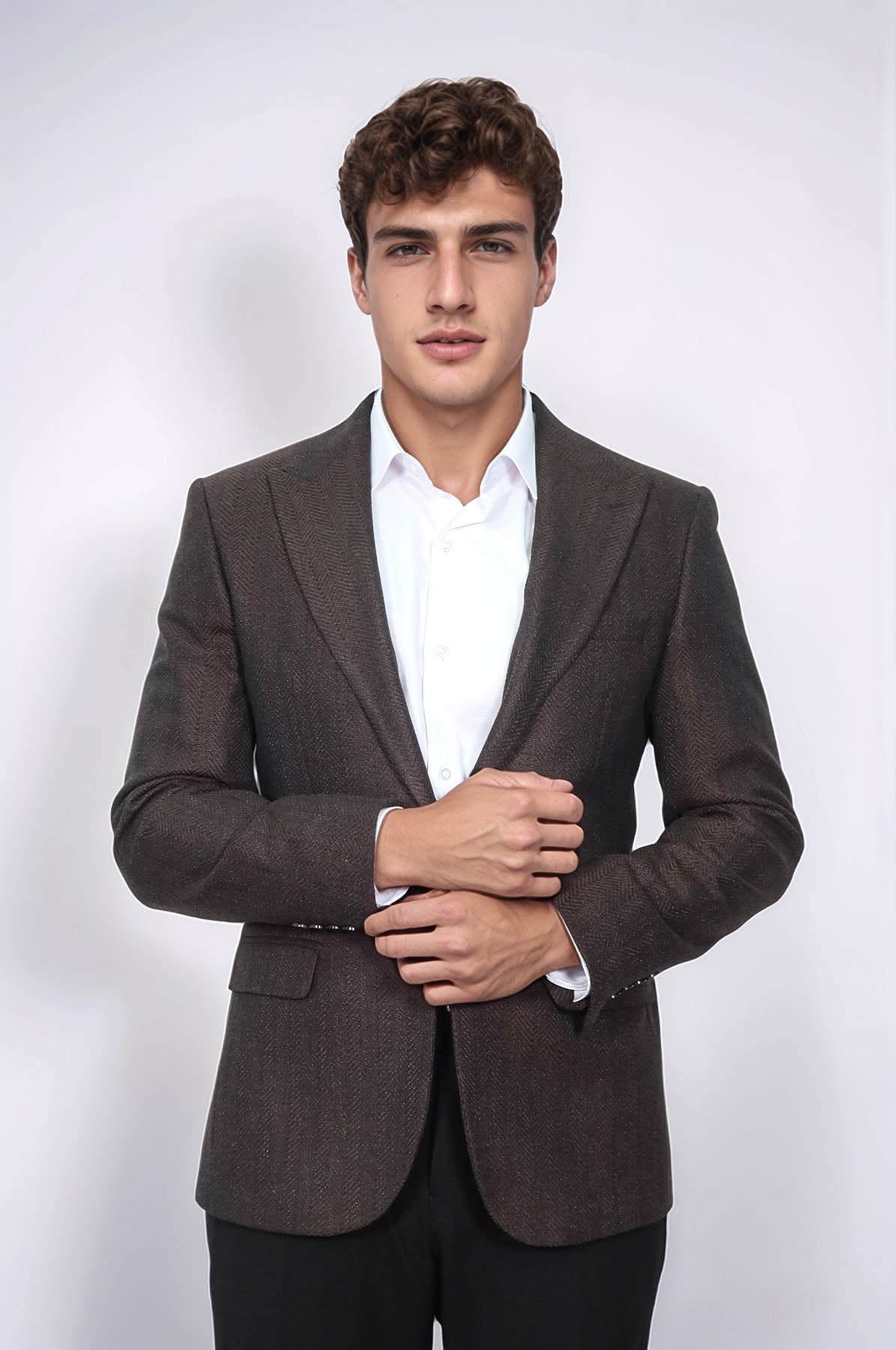 Slim Fit Patterned Brown Men Blazer