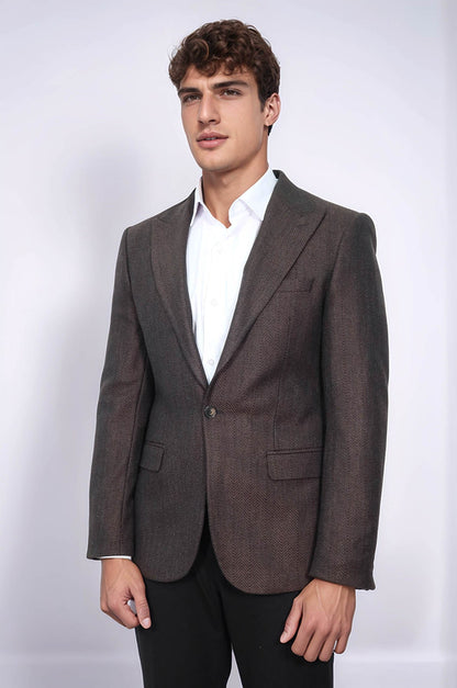 Slim Fit Patterned Brown Men Blazer
