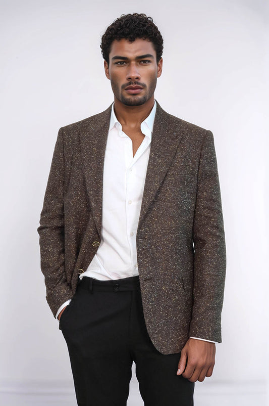 Houndstooth Pattern Wool Brown Men Blazer - Wessi