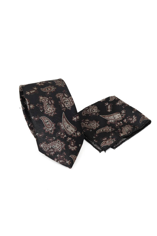 KOALA SYDNEY  Black Paisley Pattern Tie and Handkerchief Set