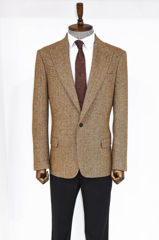Houndstooth Pattern Wool Light Brown Men Blazer and Trousers Combunation