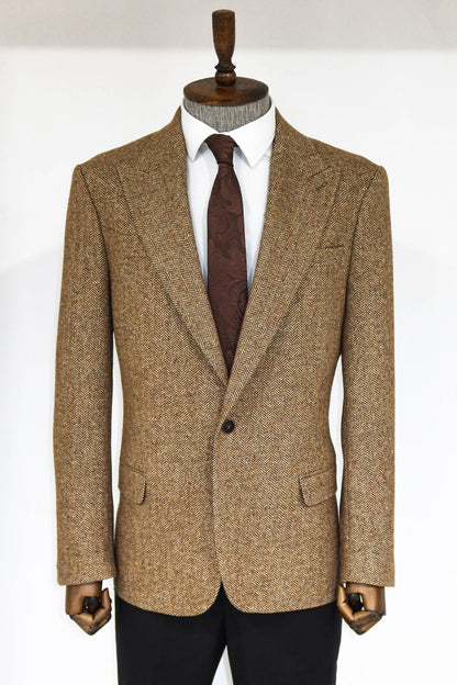 Houndstooth Pattern Wool Light Brown Men Blazer and Trousers Combunation