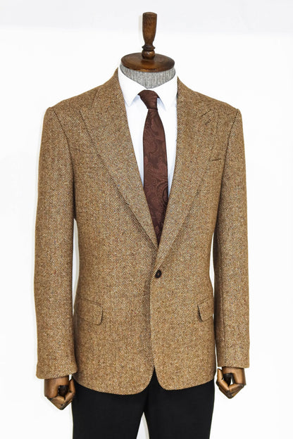 Houndstooth Pattern Wool Light Brown Men Blazer and Trousers Combunation