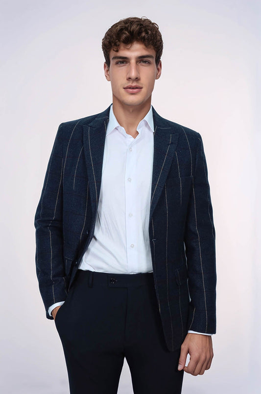 Checked Navy Blue Slim-Fit Blazer