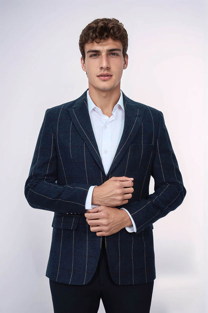 Checked Navy Blue Slim-Fit Blazer