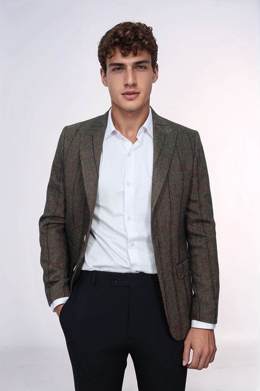 Checked Brown Slim-Fit Men's Blazer - Wessi
