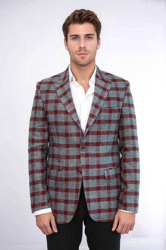 Checked Peak Lapel Slim-Fit Burgundy Men Blazer - Wessi