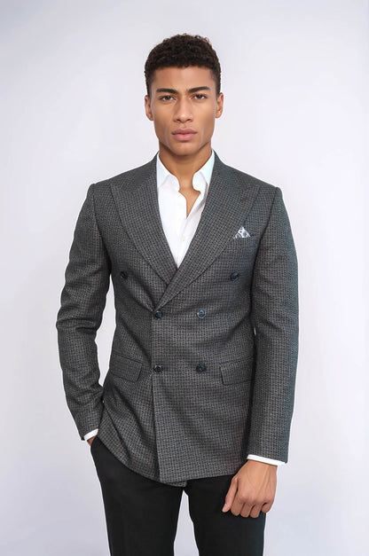 Houndstooth Patterned Grey Men Double Breasted Blazer - Wessi