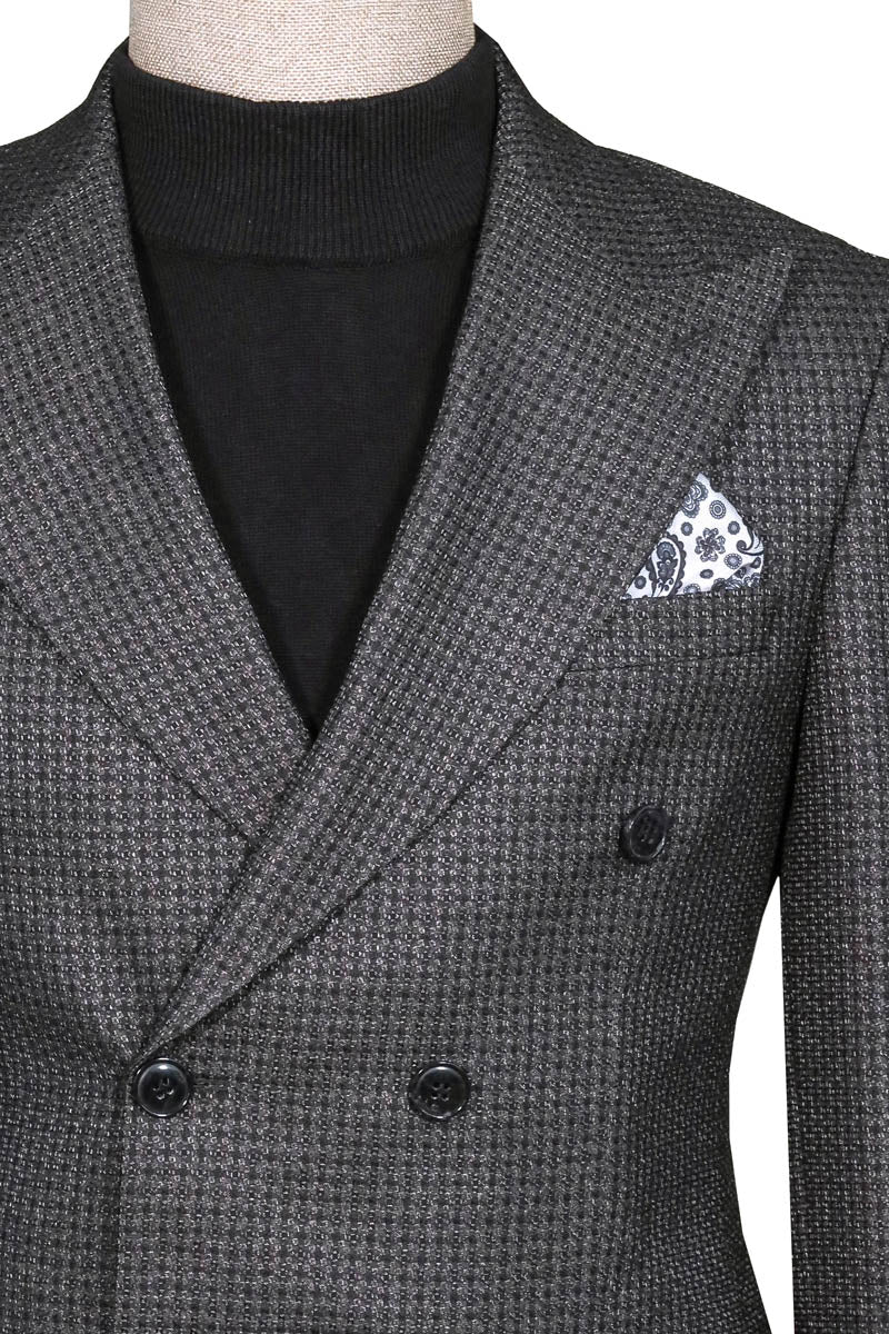 Gray Double-Breasted Jacket, Black Turtleneck Knitwear, and Gray Trousers Look Winter Elegance Style