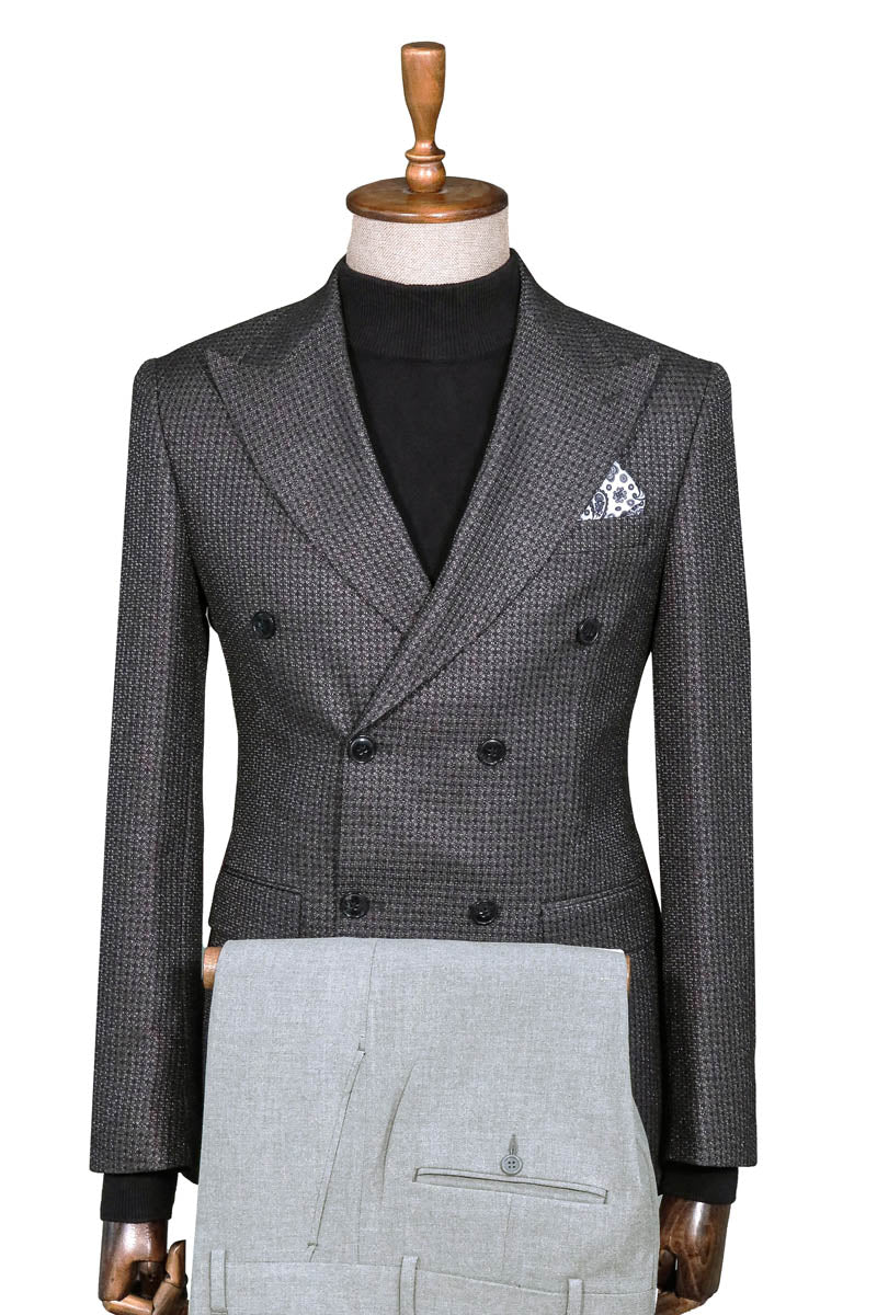 Gray Double-Breasted Jacket, Black Turtleneck Knitwear, and Gray Trousers Look Winter Elegance Style