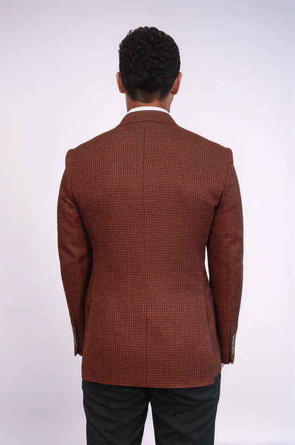Houndstooth Patterned Brown Men Double Breasted Blazer - Wessi