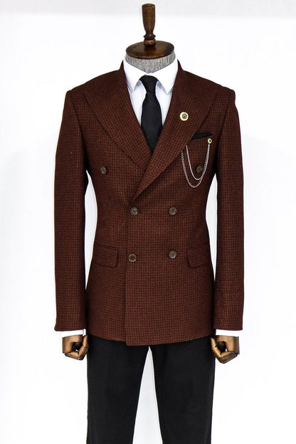 Houndstooth Patterned Brown Men Double Breasted Blazer and Trousers Combination- Wessi