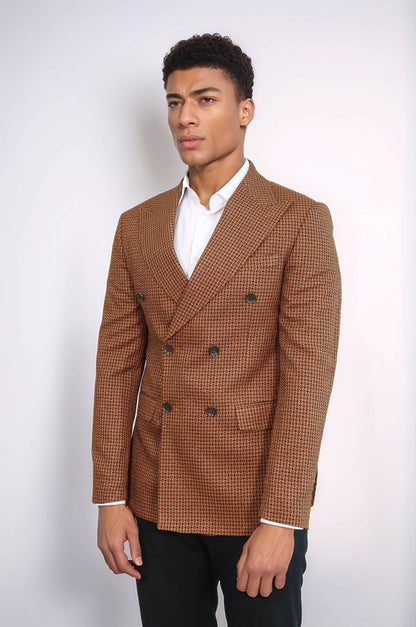 Houndstooth Patterned Tawny Men Double Breasted Blazer - Wessi