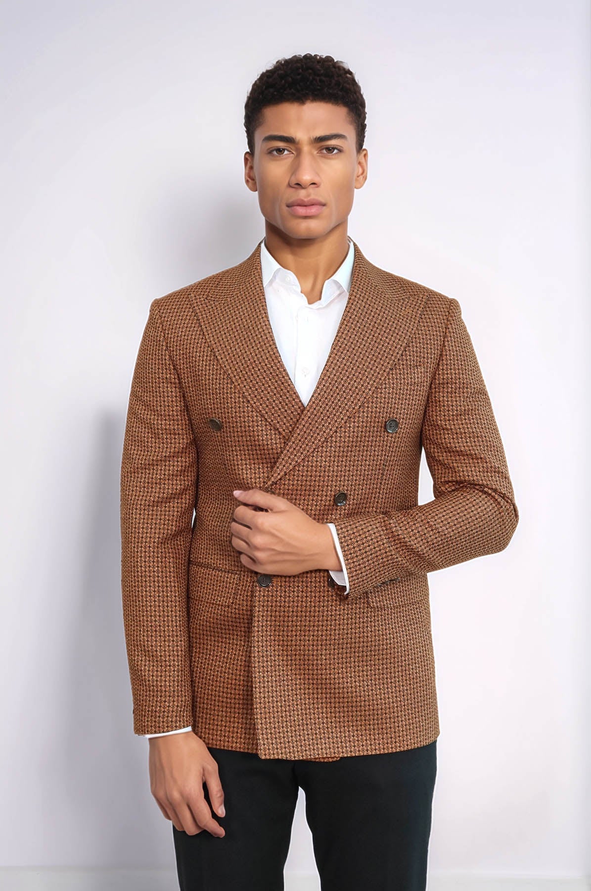 Houndstooth Patterned Tawny Men Double Breasted Blazer - Wessi