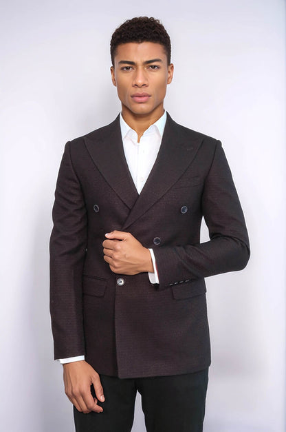 Houndstooth Patterned Burgundy Men Double Breasted Blazer - Wessi
