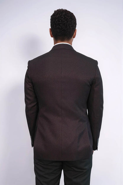 Houndstooth Patterned Burgundy Men Double Breasted Blazer - Wessi