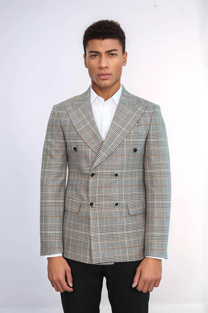 Double Breasted Checked Anthracite Men Blazer - Wessi