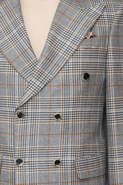 Grey Checked Double-Breasted Jacket, Brown Trousers, Cream Knitwear, and Hat Look - Timeless Modern Style