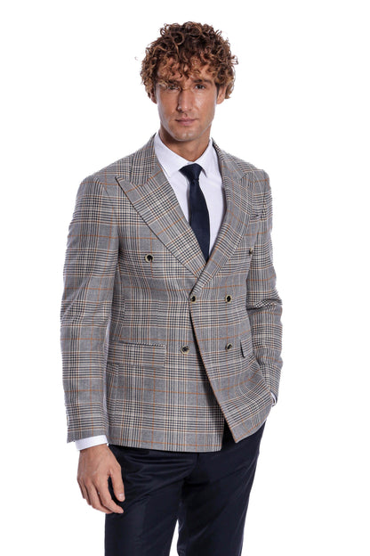 Grey Checked Double-Breasted Jacket, Brown Trousers, Cream Knitwear, and Hat Look - Timeless Modern Style
