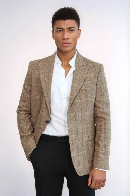 KOALA SYDNEY Herringbone Slim Fit Wool Tan Men Blazer