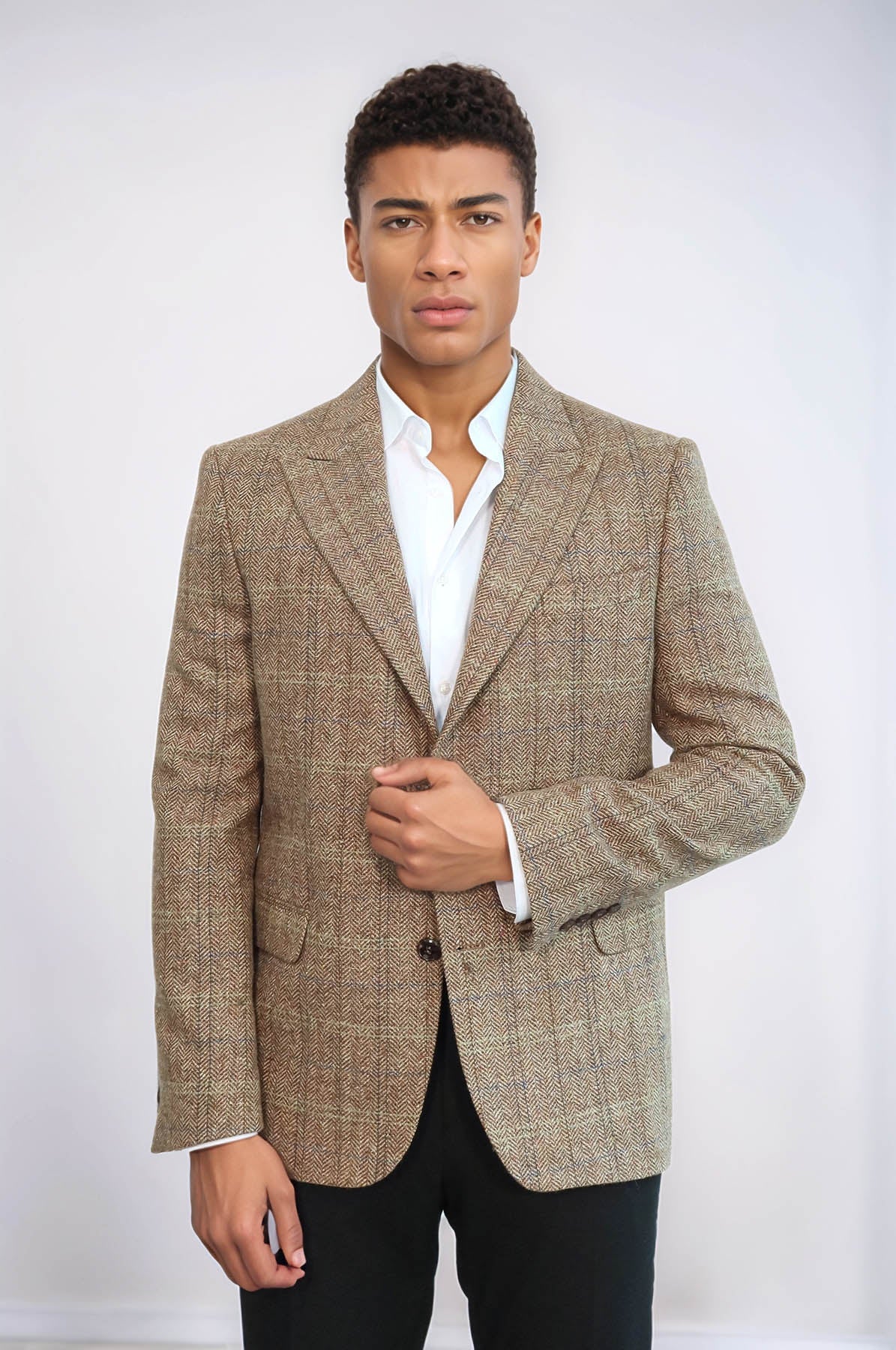 KOALA SYDNEY Herringbone Slim Fit Wool Tan Men Blazer