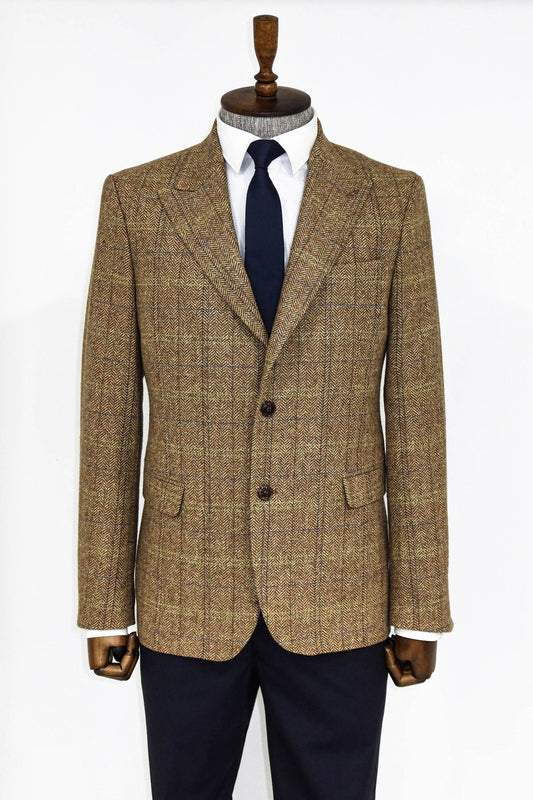 Herringbone Slim Fit Wool Tan Men Blazer and Trousers Combination