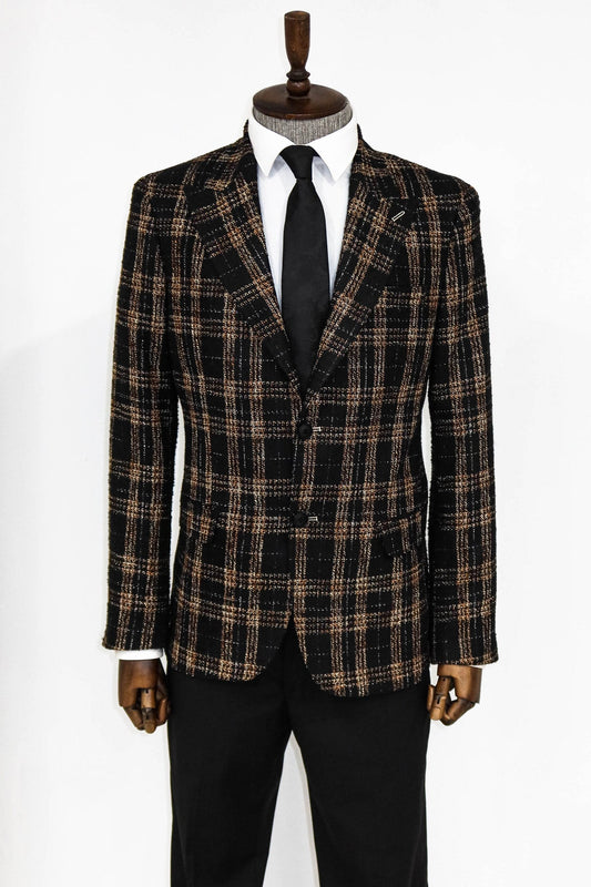 Plaid Slim Fit Black Men Blazer and Trousers Combination