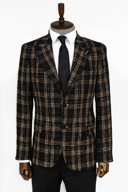 Plaid Slim Fit Black Men Blazer and Trousers Combination