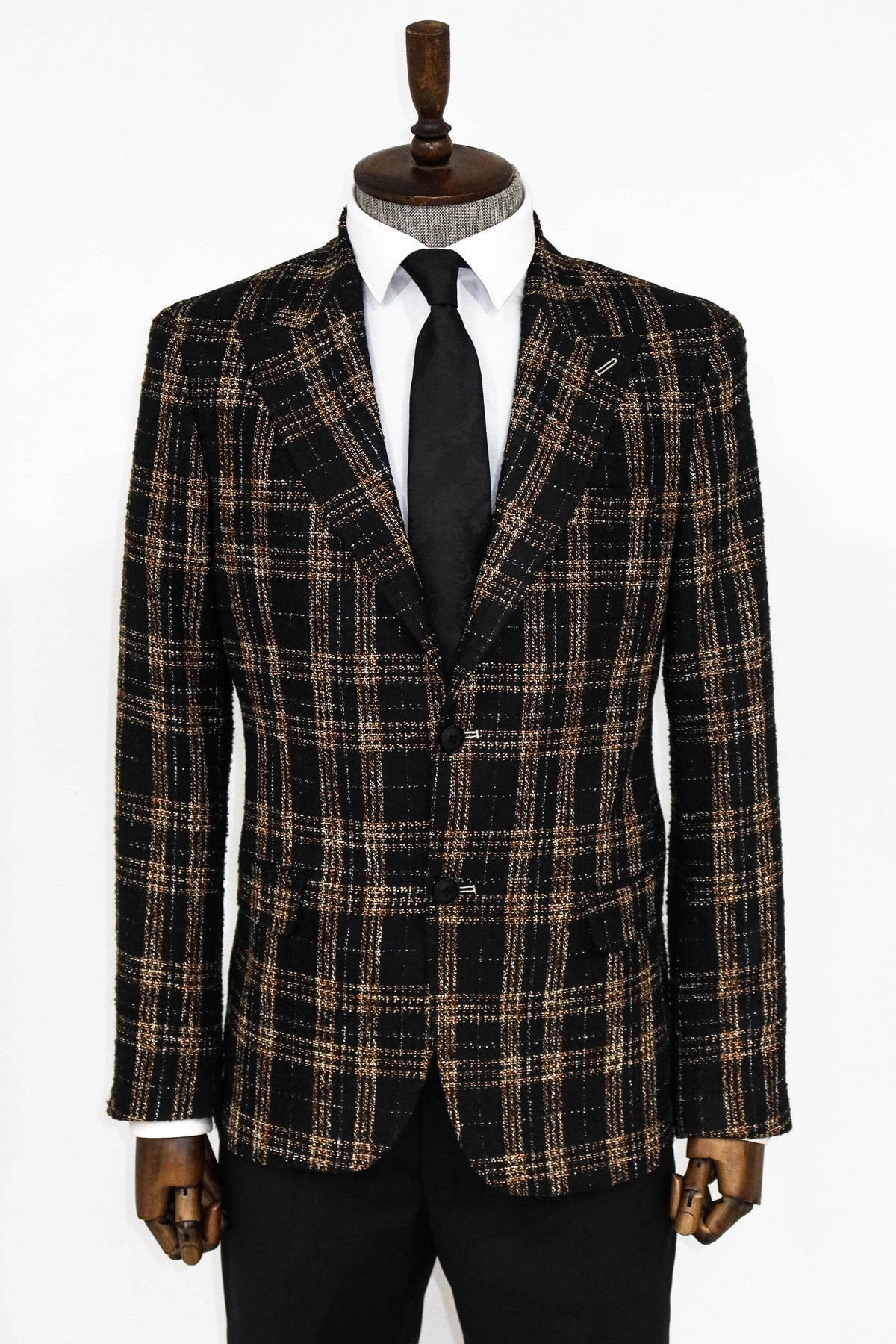 Plaid Slim Fit Black Men Blazer and Trousers Combination