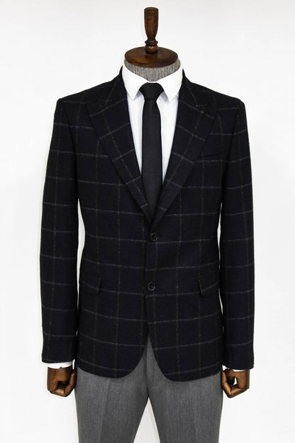 Plaid Wool Black Men Blazer and Trousers Combination