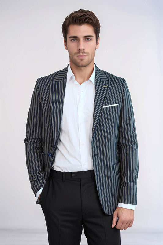 KOALA SYDNEY  Navy Blue Striped Slim-Fit Blazer