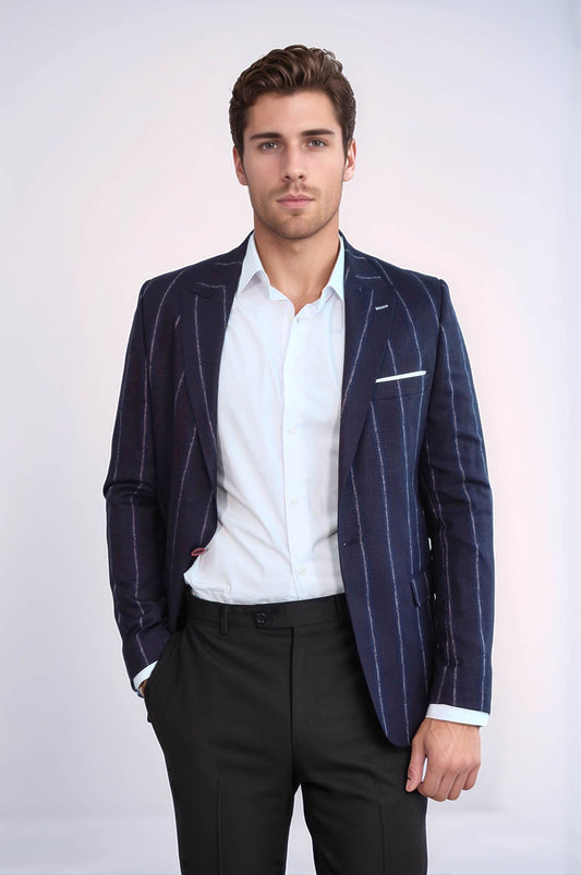 Striped Slim-Fit Burgundy Men Blazer - Wessi