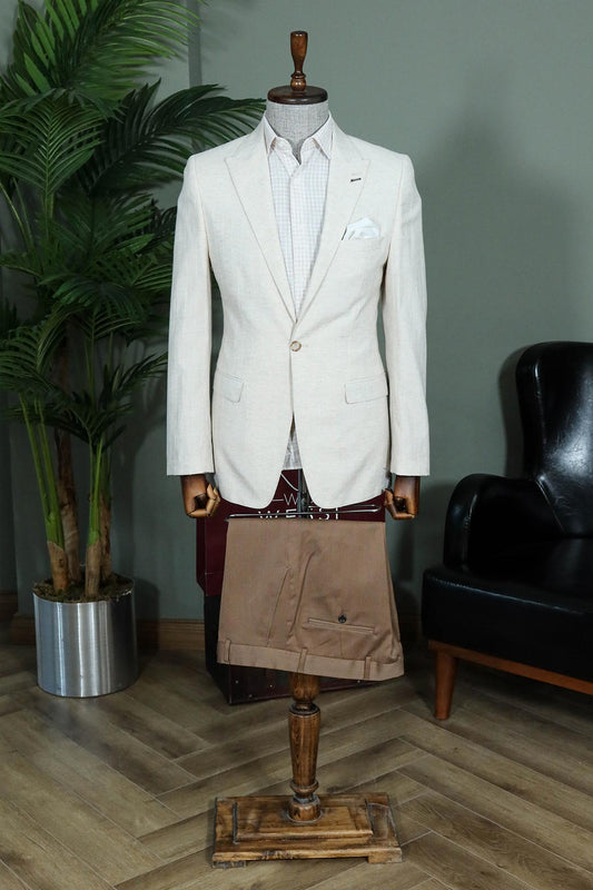 KOALA SYDNEY  Beige Textured Single-Breasted Blazer with Brown Pants and Checkered Shirt - Casual Business Look