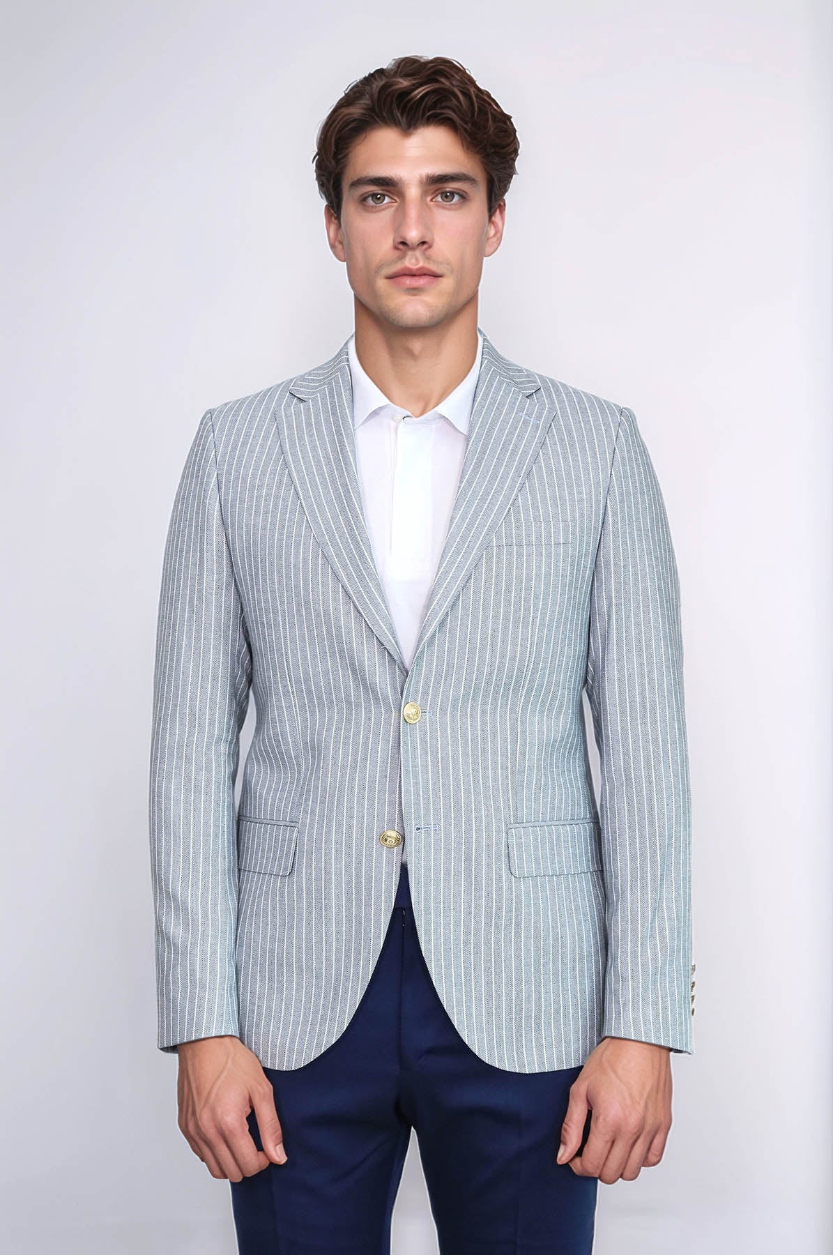 KOALA SYDNEY  Light Blue Striped Linen Gold Metal Button Slim Fit Men's Blazer Jacket