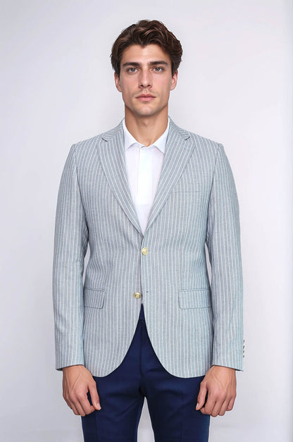 Light Blue Striped Linen Gold Metal Button Slim Fit Men's Blazer Jacket