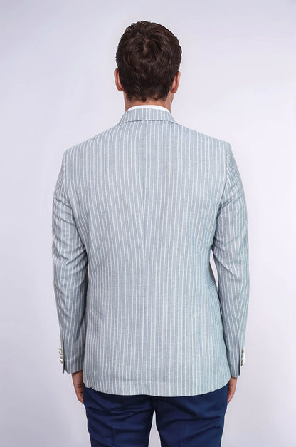 KOALA SYDNEY  Light Blue Striped Linen Gold Metal Button Slim Fit Men's Blazer Jacket
