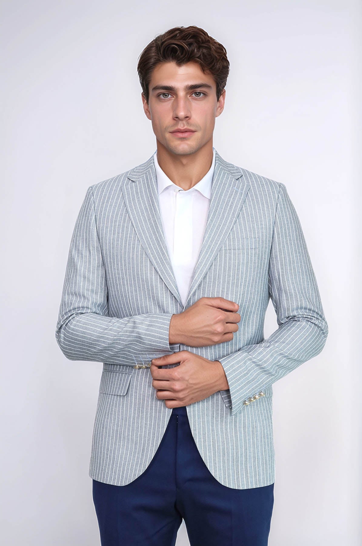KOALA SYDNEY  Light Blue Striped Linen Gold Metal Button Slim Fit Men's Blazer Jacket
