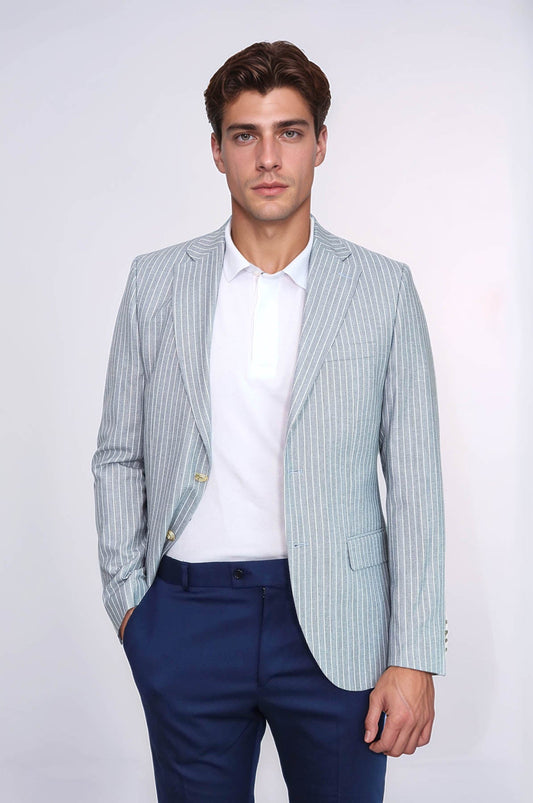 KOALA SYDNEY  Light Blue Striped Linen Gold Metal Button Slim Fit Men's Blazer Jacket