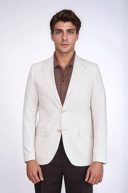 KOALA SYDNEY  Cream Striped Linen Gold Metal Button Slim Fit Men's Blazer Jacket