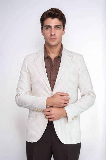 KOALA SYDNEY  Cream Striped Linen Gold Metal Button Slim Fit Men's Blazer Jacket