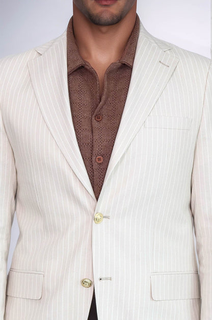 KOALA SYDNEY  Cream Striped Linen Gold Metal Button Slim Fit Men's Blazer Jacket
